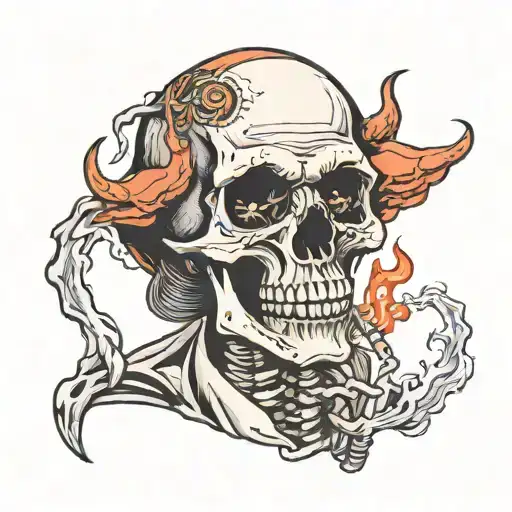 Make me a skeleton smoking a cigarette and a devilish figure whispering something to his ear from behind  tattoo design idea