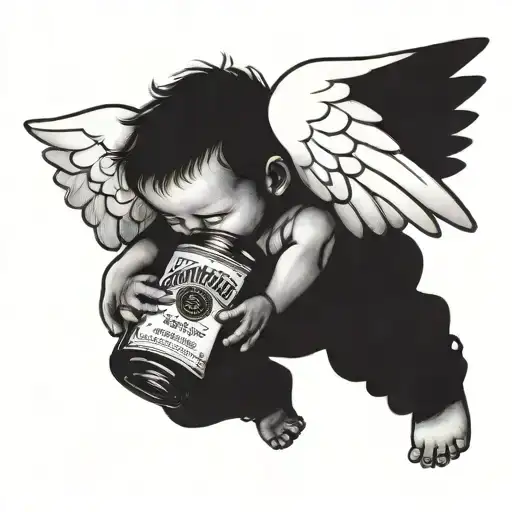 A baby angel flying holding a bottle of Jack Daniels, like a black and white tattoo and not so humanized  tattoo design idea