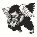 A baby angel flying holding a bottle of Jack Daniels, like a black and white tattoo and not so humanized  tattoo design idea