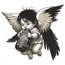 A baby angel flying holding a bottle of Jack Daniels, like a black and white tattoo and not so humanized  tattoo design idea