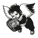 A baby angel flying holding a bottle of Jack Daniels, like a black and white tattoo and not so humanized  tattoo design idea