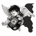 A baby angel flying holding a bottle of Jack Daniels, like a black and white tattoo and not so humanized  tattoo design idea