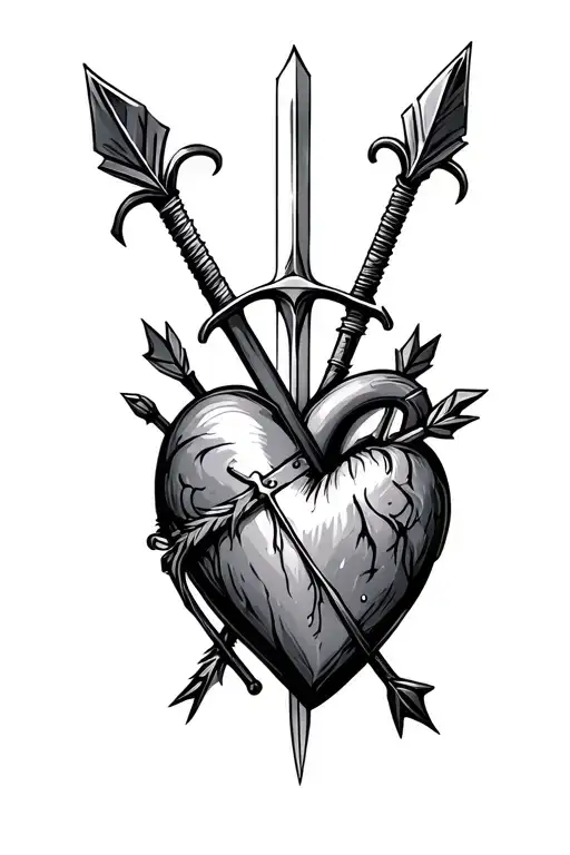 simple heart with arrows crossed, a sword going down the middle with a cross handle  tattoo design idea