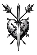 simple heart with arrows crossed, a sword going down the middle with a cross handle  tattoo design idea