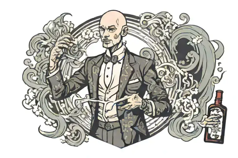 maniacal bitchy badass slender bald young man in a suit, torso holding a bottle and spraying a poof of perfume-like mist tattoo design idea