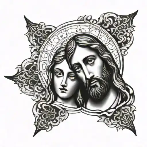 half face of Jesus and Virgin Mary  tattoo design idea