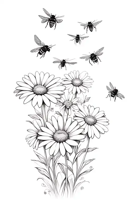 daisies and bees flying tattoo design idea