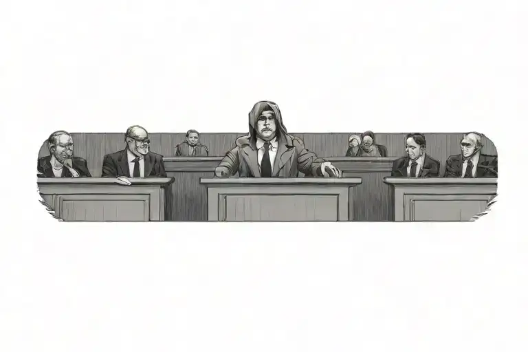 a small hooded lawyer at a podium arguing in a large courtroom with no one else in it  tattoo design idea