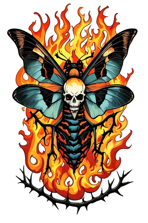 tattoo of a moth, a death's head, a mixture of flames and thorn vines in the background. in color with shadows tattoo design idea