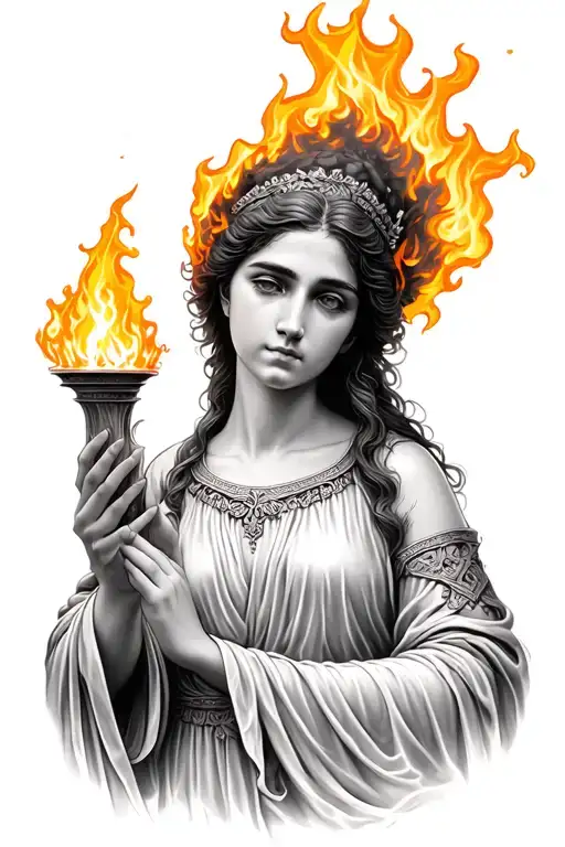 Hestia holding a burning flame tattoo design idea