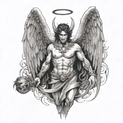 I want an angry angel standing and also a devil, looking handsome and beautiful, an artistic angel in the style of falle tattoo design idea