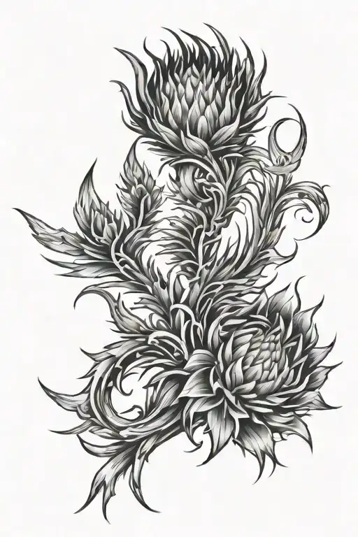 Tattoo composition Thistle, Phoenix, Fire, S, 21, Tech, Cyber, Metal, Sharp edges, futuristic tattoo design idea