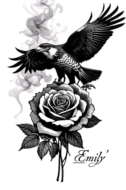 "Emily" roses and a falcon with smoke background tattoo design idea