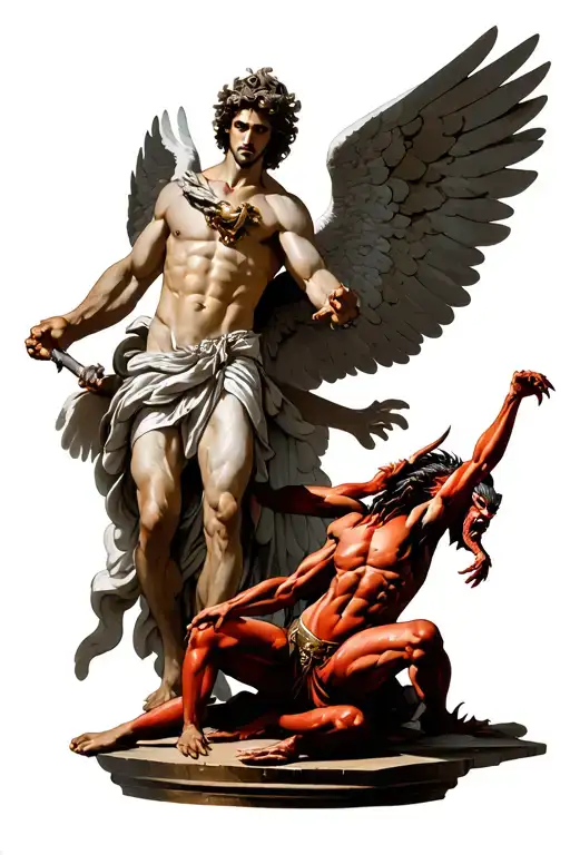 A realism tattoo design of St Michael the archangel with six packs fighting a devil where the devil is under his feet in tattoo design idea