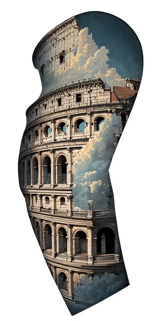 part of the shoulder drawings of the roof of the vatican roman coliseum clouds background tattoo design idea