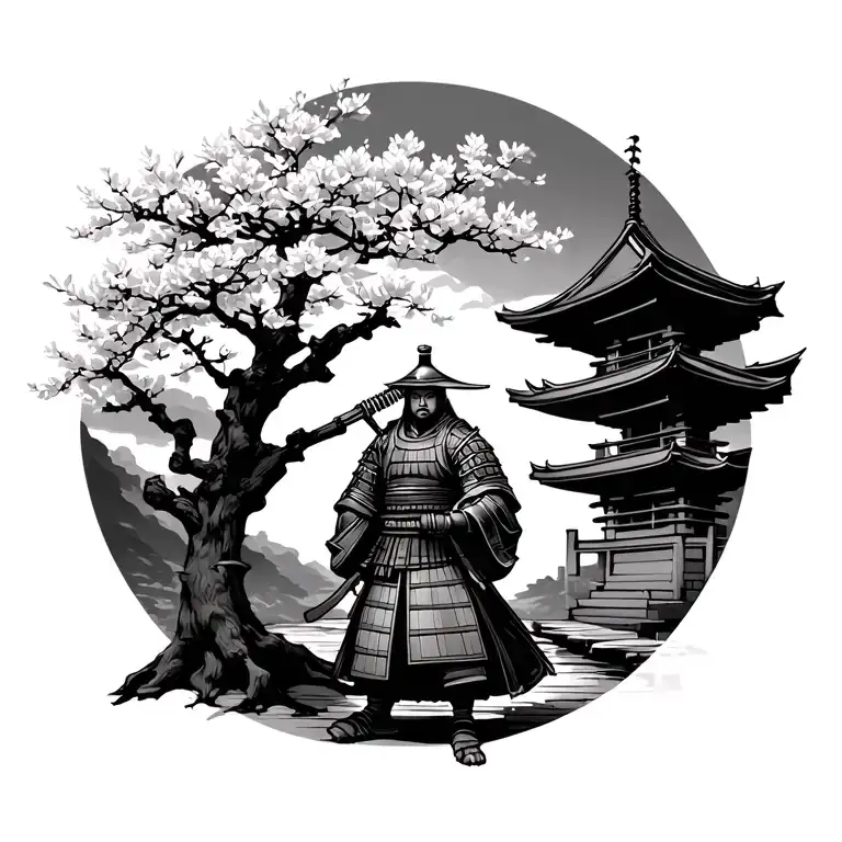 Japanese Sakura Tree samurai standing infront of Japanese shrine tattoo design idea