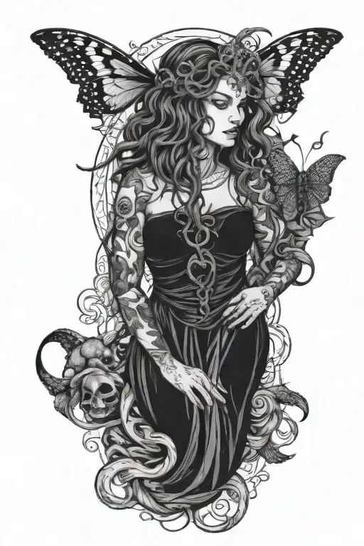 Medusa, death moth with a wiccan holding the overthinker and karma tarot cards, split personality demon Sleeve tattoo design idea