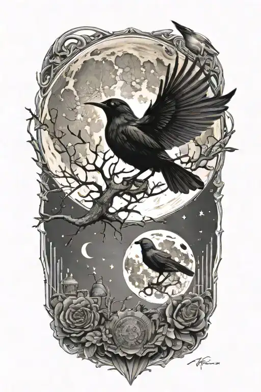realistic moon and blackbird , industrial elements tattoo design idea