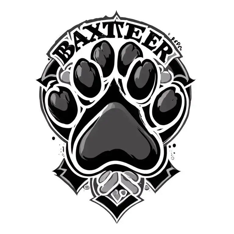 "Baxter" text with paw print as the letter a  tattoo design idea