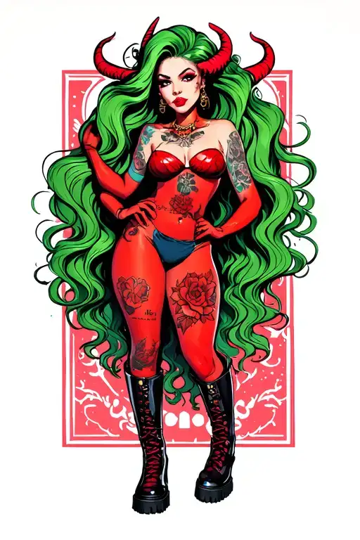 pinup girl devil long wavy green hair curvy body shape wearing combat boots red skin tattoo design idea