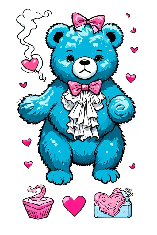 simple morute kitschy tattoo flash sheet designs inspired by melanie martinez, cloud bears smoking, ruffle hearts, soap tattoo design idea
