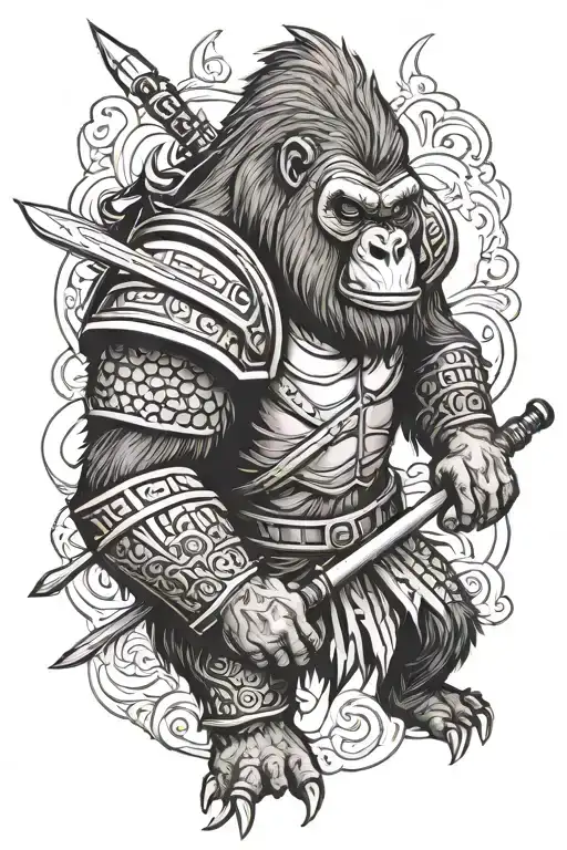 gorilla in armor with spear in japanese style tattoo design idea