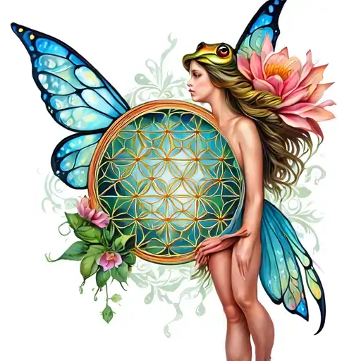 fairy with flower of life with toad tattoo design idea