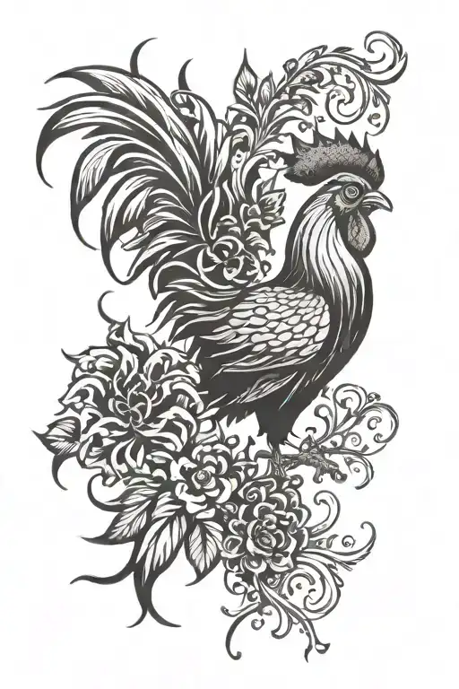 A metal-inspired design featuring a roaring rooster with intricate vine-like roots intertwined around its body tattoo design idea