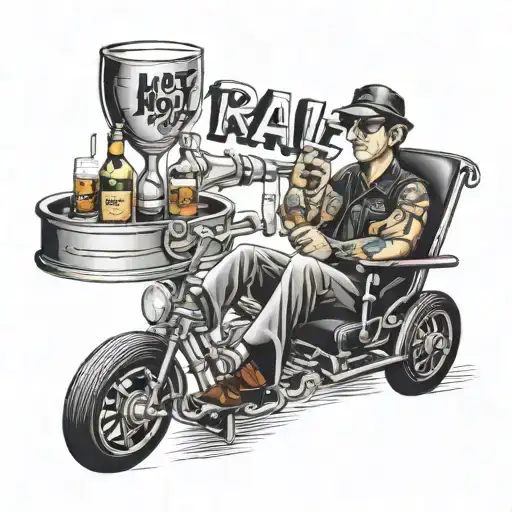 hot rod wheel chair drinking a martini with the words hot rail gayle  tattoo design idea