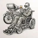 hot rod wheel chair drinking a martini with the words hot rail gayle  tattoo design idea