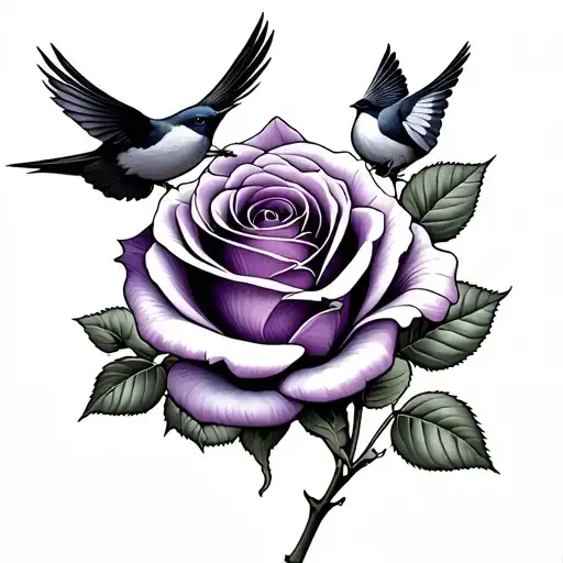 rose, with painting in middle and purple martins on top flying tattoo design idea
