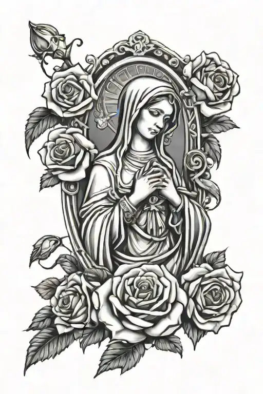 Mother Mary holding a rosary with roses and the Roman numerals XII-XX-XXI on the top and the names Papa and Mama in it tattoo design idea