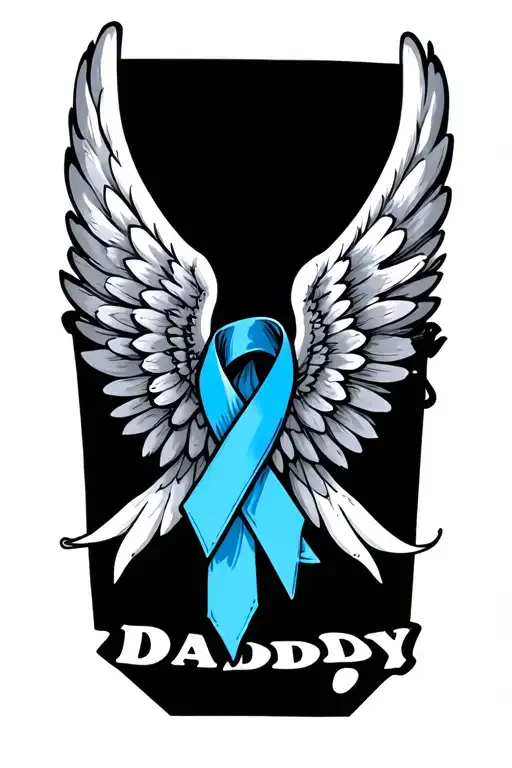 "Daddy" blue ribbon wings spread tattoo design idea