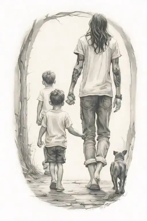 a woman and 2 small brothers one older than the other walking away hand in hand tattoo design idea