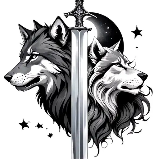 half lion and half wolf with a sword in between and moon phase lion on left wolf on right female wolf  tattoo design idea