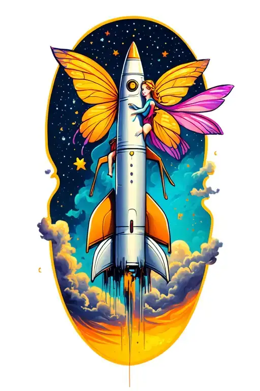 fairy riding on a rocket to the moon tattoo design idea