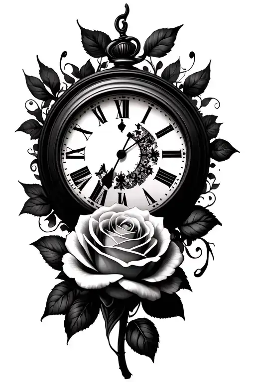 clock and one rose under clock tattoo design idea