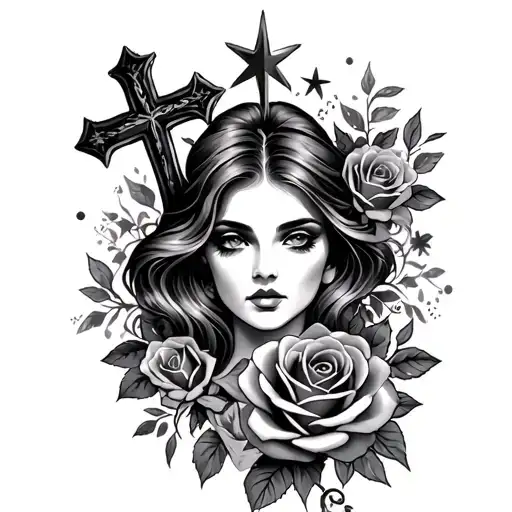 Roses, cross, stars, Lady face tattoo design idea