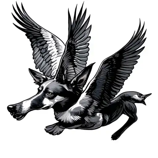 dog hunting birds flying tattoo design idea