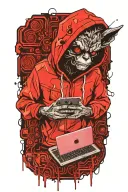 gremlin hacker wearing a hoodie using a laptop circuit board tattoo design idea