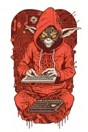 gremlin hacker wearing a hoodie using a laptop circuit board tattoo design idea