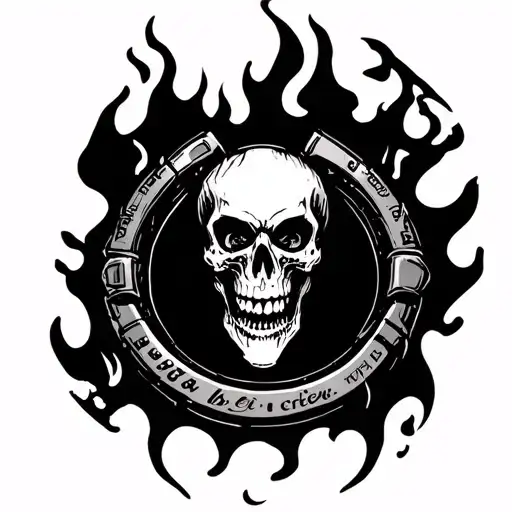 helldivers skull burning like ghost rider inside a ring with text "bLa crew" tattoo design idea