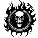 helldivers skull burning like ghost rider inside a ring with text "bLa crew" tattoo design idea
