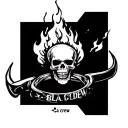 helldivers skull burning like ghost rider inside a ring with text "bLa crew" tattoo design idea
