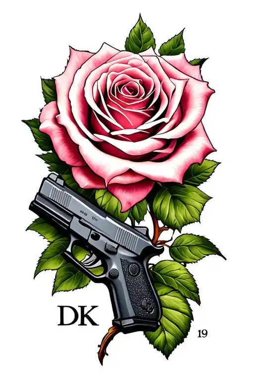 a Rose with a Glock 19 and the initials DK initial tattoo tattoo design idea
