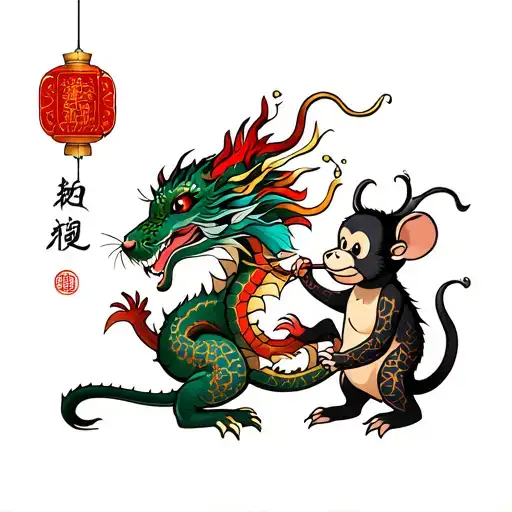 Chinese new year dragon, Rat, and monkey tattoo playing together. to symbolize my kids tattoo design idea