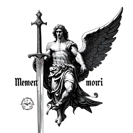 st Michael archangel with a sword, with a text memento mori written tattoo design idea