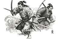 A samurai doing hara-kiri to himself. A girl stands behind him and brings a katana at him tattoo design idea