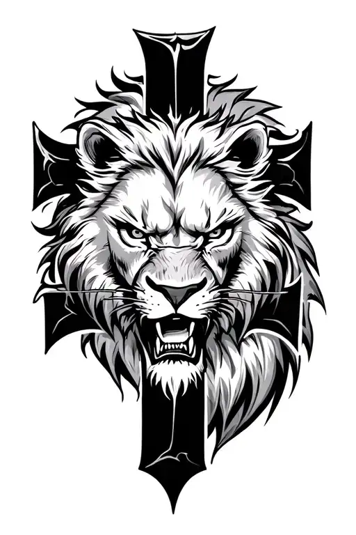cross with a angry lions face inside it  tattoo design idea