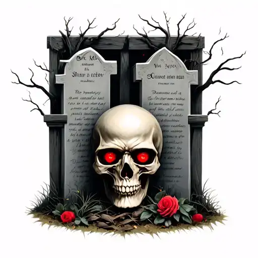 Graveyard with skull and red eyes tattoo design idea